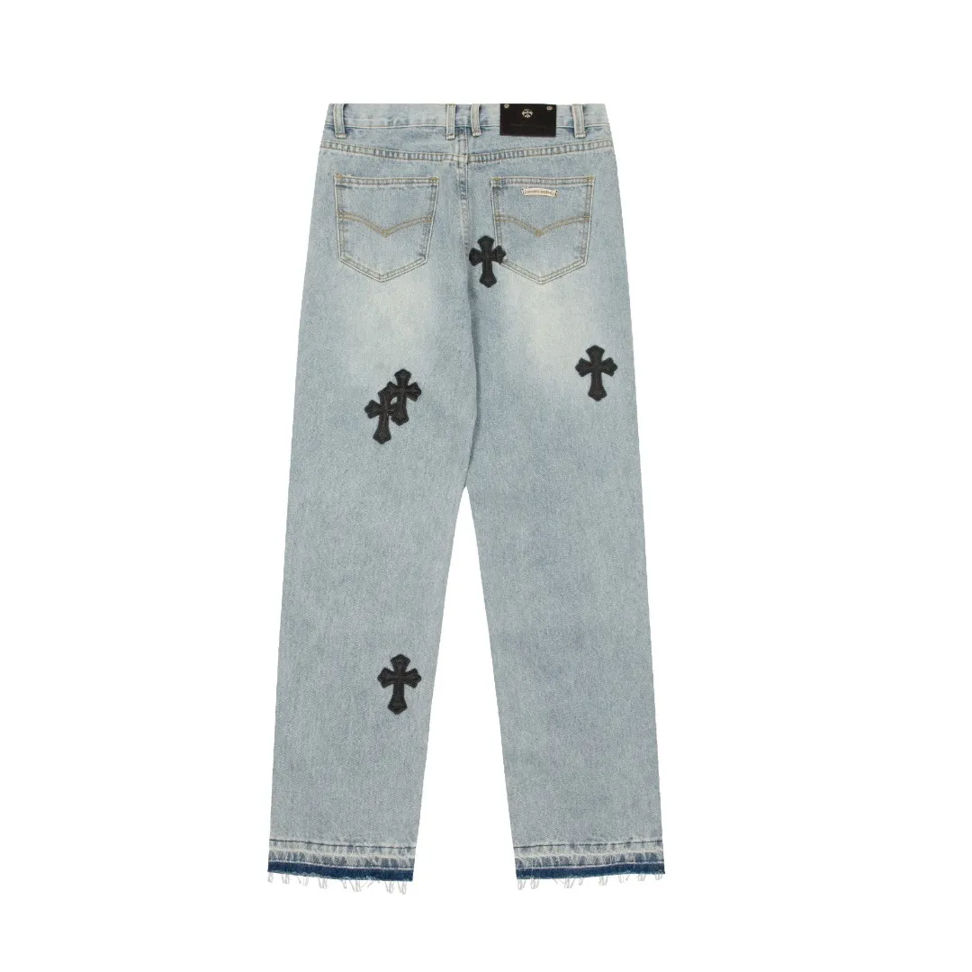 KE906#P230 The only correct leather label version on the market Chrome Hearts CH Cross embroidered distressed jeans Top ceiling quality 100% correct version The correct version is here!  Believe me this must be the best quality you will ever come across! ! Excellent value for money! !  Styles with different washes and textures are very friendly to people with thin legs and thick legs. The straight version is very flattering to the shape of the legs. The moderate length is timeless and easy to match. It is the basis of various styles and a must-have in the wardrobe! ! Add a little stacking to easily control the clean fit trend that has exploded this year. The fabric is stiff but also makes the upper body soft without losing texture. The sides and cuffs of some styles have a bone-wash effect. The vintage flavor pops up all at once. It’s really hard not to love it! ✅Correctly customize the Croxin metal leather label on the back panel. It is not sold directly with the cross on the finished jeans. 1:1 copying strives for excellence and the details are perfectly grasped. ✅The cross leather label is clear and smooth. Exquisite turning top craftsmanship. ✅Buttons, zippers and hardware are all customized versions of the Croxin LOGO. ✅High-cost washing process. Size: 28 30 32 34 36 (5 sizes)